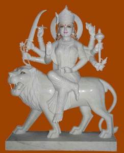 Estatua de Durga Mata en Mármol Blanco de Alta Calidad en Posición Sentada sobre un Lomo, Mayorista Indio para Adoración en el Hogar y Templo - Product Image 2