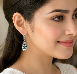 925 Sterling Silver Natural Emerald <b>Hook</b> <b>Earrings</b> Handmade Gemstone - Product Image 1