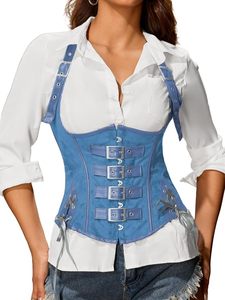 Women Blue Overbust <b>Corset</b> Shapewear Buckle Strap Side <b>Lace</b> <b>Up</b> Waist Trainer Bustier <b>Top</b> - Product Image 2