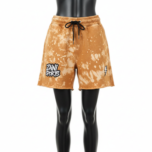 กางเกงขาสั้นผ้าฝ้ายฟลีซเนื้อนุ่ม 320 GSM ลุควินเทจสีคาราเมล ซักย้อมแบบแอซิดวอช พร้อมป้ายโลโก้แบบสั่งทำ - Product Image 1