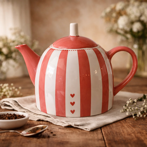 Théière rayée rouge charmante avec bec verseur lisse, poignée confortable, corps isotherme, idéale pour un service de thé élégant - Product Image 1