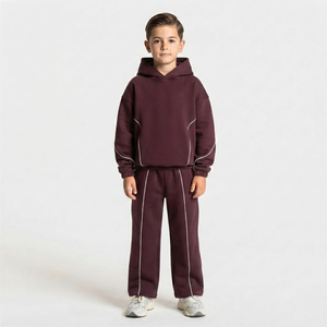 Ensemble de survêtement pour enfants garçons, coupe oversize, couleur marron contrastant, en molleton de coton, comprenant un sweat à capuche et un pantalon de survêtement à jambes larges, fabricant OEM et ODM - Product Image 1