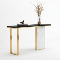 Console artistique en métal doré, miroir en verre noir élégant, table sur pied asymétrique contemporaine et durable pour salon, décoration moderne