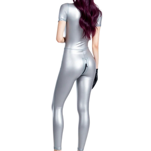 Women's Silver PU Coated <b>Jumpsuit</b> Sleeveless High Waist Skinny Fit With Zipper Clubwear Full Length Solid Color - Product Image 2
