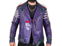 Jaket kulit asli ungu modis tebal mewah bertatahkan gaya pengendara sepeda motor Punk Rockstar untuk pria kulit sapi