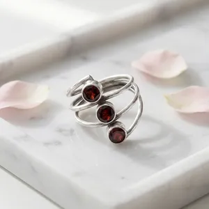 925 Sterling Silver Red Garnet Triple Stone <b>Statement</b> <b>Ring</b> Modern Minimalist Designer Gemstone Jewelry <b>for</b> <b>Women</b> - Product Image 4