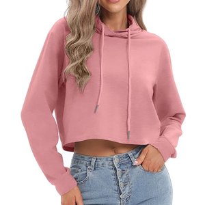 <b>Pink</b> Cropped <b>Hoodie</b> Long Sleeve Oversized Solid Color Casual Sweatshirt Women Autumn Wear - Product Image 4