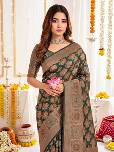 Sari traditionnel vert or en mousseline de soie et organza pour femme, tenue de mariage, longueur au sol, coupe classique, style indien pakistanais, avec paillettes - Product Image 3