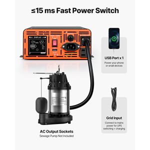 Bomba de sumidero de 1500W con batería de respaldo UPS, inversor de onda sinusoidal pura con pantalla LCD y interruptor de encendido automático - Product Image 3