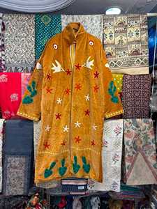 Screen Printed Knitted Suzani Love Jacket Boho Floral Statement <b>Coat</b> with Drawstring Closure (100% Cotton 50" Length) - Product Image 4