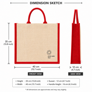 Sac fourre-tout en jute écologique, petit format, avec bordure rouge, imprimé « Good Vibes Only », poignée supérieure, idéal pour les courses au supermarché - Product Image 2