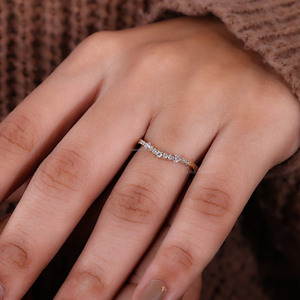 Lab Grown Diamond <b>Stacking</b> Wedding <b>Ring</b> Women Dainty V Shaped Thin 14K Solid Gold Band IGI Certified Promise Matching Curved - Product Image 2