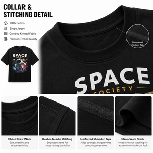 T-shirt noir pour homme à manches courtes, col rond, coupe classique, imprimé astronaute Space Society, décontracté, 100% coton jersey respirant - Product Image 6