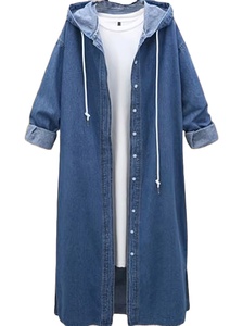 Spring/Summer/Autumn Casual Solid Color Long Hooded Denim Crop Top Jacket Women's Long Sleeve Single-Button Quick-Dry Breathable - Product Image 3
