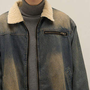 Chaqueta de mezclilla lavada para hombre con forro de sherpa, cuello vuelto, cierre de cremallera, estilo workwear, gruesa para invierno, manga regular - Product Image 1