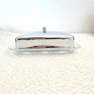 Vintage Glass <b>Butter</b> Dish Chrome Lid Clear Rectangular Hazel Atlas Style - Product Image 5