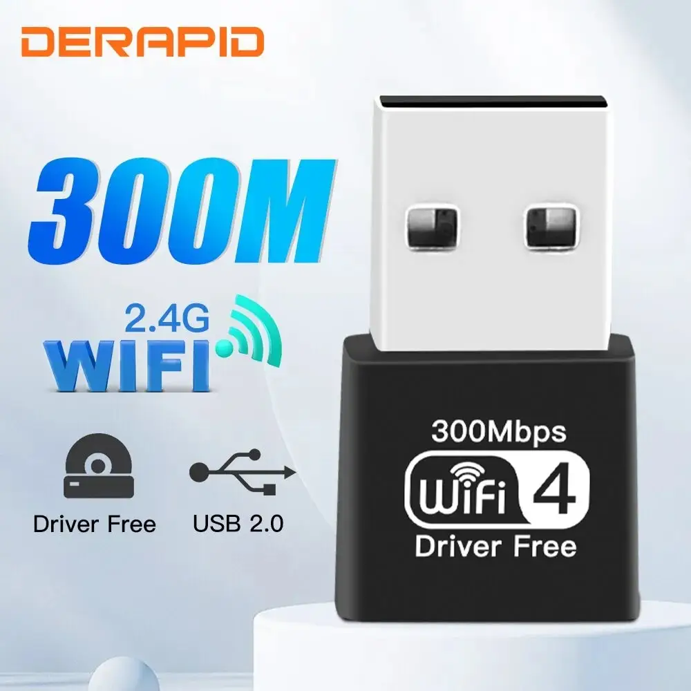 DERAPID WLAN-USB-Adapter 2,4 GHz 300 M Wireless Receiver USB 2.0 Netzwerk Dongle für PC/Laptop für Windows 7/8/10/11 Driverfrei