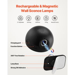 2 Pezzi Applique LED Stile Nordico Ricaricabili a Batteria con Telecomando, Rotazione a 360 Gradi, Dimmerabili, con Cavo - Product Image 2