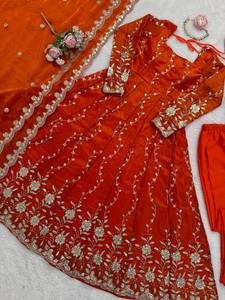 Ensemble Anarkali Salwar Kameez brodé orange avec dupatta en georgette épaisse, tenue traditionnelle indienne et pakistanaise pour mariage et fête - Product Image 6
