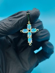 Pendentif en pierre d'opale bleue en forme de croix, pendentif en argent 925, cadeaux de baptême, pendentif de foi religieuse, pendentif délicat, bijoux chrétiens - Product Image 3