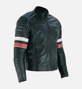Veste en cuir sur mesure pour homme, noire, en cuir de vachette véritable, style Cafe Racer, veste de motard rétro, coupe ajustée, épaulettes rembourrées, vêtement d'extérieur rayé - Product Image 5