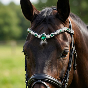 Cabezada de cuero con cristales verdes y diamantes de imitación para caballo, accesorios ecuestres - Product Image 1