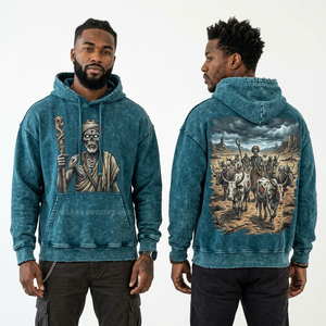 Sudadera con Capucha Azul Vintage Personalizada para Hombre, con Gráfico de Bandido, Lavado Ácido, Estilo Desgastado, Streetwear, Algodón Grueso - Product Image 4