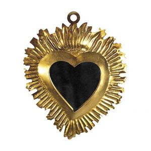 Miroir mural vintage en métal doré Ex Voto Cœur Sacré, finition laiton antique, ornement suspendu Cœur Flammé, décoration intérieure, vente en gros - Product Image 1