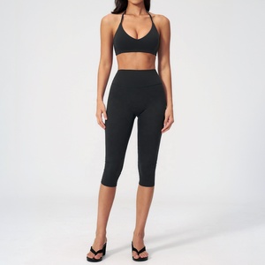 Black 2 Piece Yoga Set Deep V Neck Halter <b>Crop</b> <b>Top</b> High Waist Calf-Length Leggings Seamless Solid Color - Product Image 1