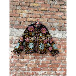 Indian Floral Embroidered Quilted Velvet Jacket with Two Side Pockets Unisex Quick Dry Hand <b>Stitch</b> Suzani Design - Product Image 3