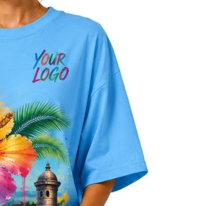 เสื้อยืดโอเวอร์ไซส์สีฟ้าพาสเทลลายดอกชบาแบบทรอปิคอลของเปอร์โตริโกสำหรับผู้หญิง พิมพ์ลายกราฟิก รับทำโลโก้ เสื้อยืดลำลองผ้าฝ้ายสำหรับฤดูร้อน ขายส่งแบบ OEM - Product Image 4