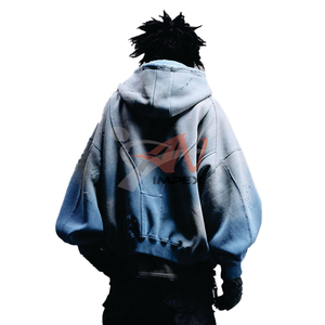 Sweat à capuche oversize personnalisé effet usé en molleton bouclette bleu délavé style streetwear pour homme - Product Image 3