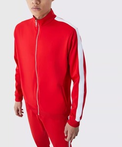 Survêtement rouge pour homme avec fermeture éclair intégrale, bandes latérales blanches, col montant, respirant, en polyester, design sportif, coupe classique, pour l'automne - Product Image 1
