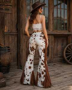 Pantalon évasé en cuir de vachette occidental à franges, pantalon cloche en cuir à poils, tenue de cowgirl pour le rodéo - Product Image 4