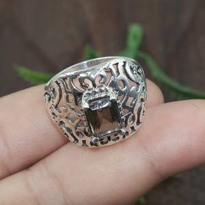 Smokey Quartz <b>Statement</b> <b>Ring</b> 925 Sterling Silver Handmade Vintage Filigree Wide Band Boho Men Women Jewelry Gift for Him Unisex - Product Image 4