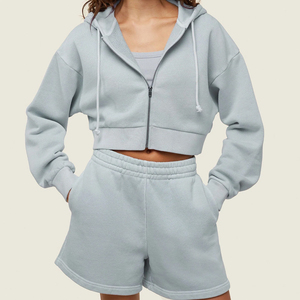 Ensemble sweat-shirt court à capuche en polaire respirant en polyester/coton tricoté pour femme, manches longues, couleur unie, décontracté, printemps - Product Image 3