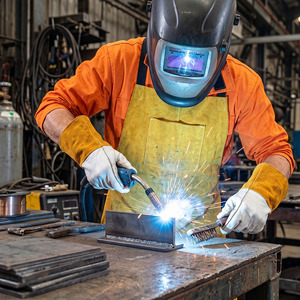 Delantal de soldadura de cuero vacuno clásico premium con mangas protectoras, resistente al fuego y al calor, para trabajo industrial pesado - Product Image 4
