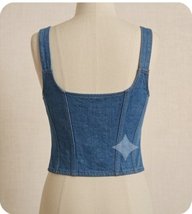 Denim <b>Patchwork</b> Corset <b>Top</b> Spaghetti Strap Button Front Fitted Bodycon Casual Wear All Seasons - Product Image 3