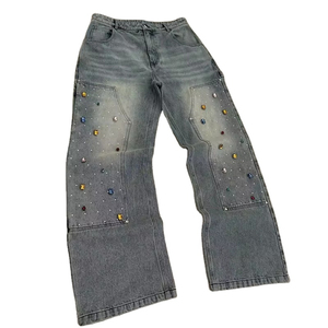 Pantalones Vaqueros de Hombre Casuales Estilo Urbano para Entrenamiento, de Cintura Alta, Hechos a Medida, con Diseño de Pintura y Pedrería, a la Moda - Product Image 1