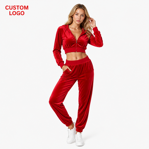 <b>Women</b> 2 Piece Velour Matching Set Long Sleeve Zip Crop Hoodie High Waist <b>Jogger</b> Sweatpants Custom Logo Low MOQ - Product Image 1