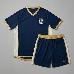 Maillot en jersey tricoté à col en V bleu marine avec col et poignets dorés pour les panneaux latéraux, design sportif respirant pour l'été - Product Image 1