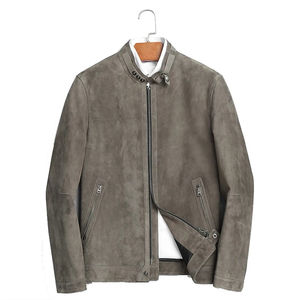 Veste en daim pour homme 2025 – Blouson moto gris respirant en cuir véritable de haute qualité, coupe ajustée, col montant, logo frontal - Product Image 5