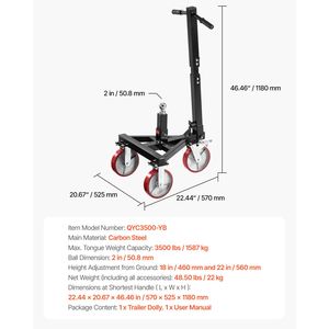 Carrello Rimorchio con Capacità di Carico di 3500 libbre, Altezza Regolabile da 18-22 Pollici, Sfera di Aggancio da 2 Pollici, Carrello e Movimentatore da 22 Pollici - Product Image 4