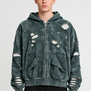 Sudadera con capucha y cremallera personalizada para hombre, estilo oversize, de algodón lavado a la piedra, felpa francesa, diseño de estrellas con pedrería, estilo otoñal - Product Image 3