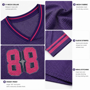 Wholesale men Mesh Cropped Football Jersey Purple V-Neck Short Sleeve Streetwear Vintage Varsity Print 88 Athletic T-Shirt <b>Tee</b> - Product Image 6