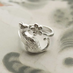 925 Sterling Silver Cat Flower <b>Adjustable</b> <b>Ring</b> Cute Animal Floral Bezel Setting Unisex Gift Open Band Wholesale Jewelry - Product Image 6