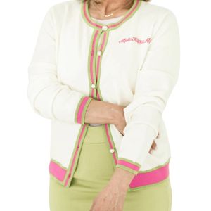 Cardigan brodé AKA pour femme, pull en maille boutonné, bordure rose et verte, léger, élégant, veste de style sororité grecque - Product Image 4