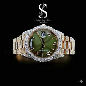 Reloj de Lujo Estilo Hip Hop con Esfera Verde, Números Romanos Automáticos, Diamantes Moissanite, Baño de Oro Rosa, Movimiento de Cuarzo, Joyería con Incrustaciones - Product Image 1