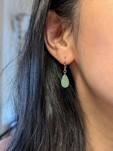 Handmade Silver Jade Teardrop Hoop <b>Earrings</b> Light <b>Green</b> Stone Dangle Boho Minimalist Jewelry - Product Image 4