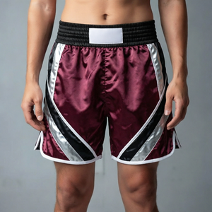 Shorts de boxe pour hommes, couleur marron, avec rayures argentées et noires, vêtements d'entraînement confortables en polyester, toutes saisons - Product Image 1